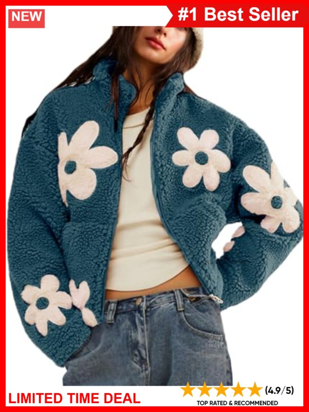 Womens Floral Sherpa Fleece Zip Jacket Cropped Teddy Coat